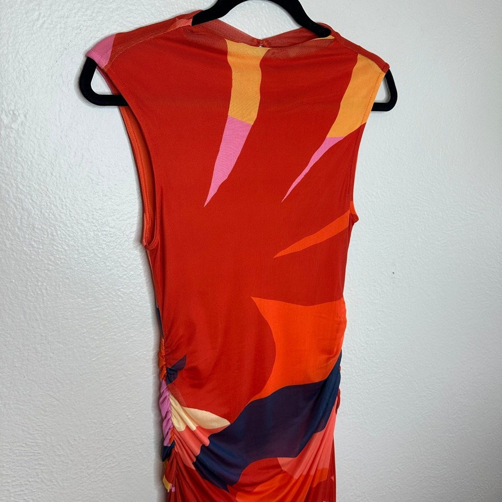 Farm Rio x Anthropologie Ruched Mesh Midi Dress Orange Abstract Size XS - Picture 6 of 9